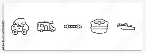 vehicles and transports outline icons set. thin line icons sheet included all terrain, rv, damper, pilot hat, motorboat vector.