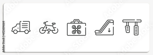 car repair outline icons set. thin line icons sheet included mini truck, electric bike, drone case, or down, brake pedal vector. photo