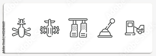 road trip outline icons set. thin line icons sheet included helicopter bottom view, army helicopter bottom view, car pedals, gearshift, refilling vector.