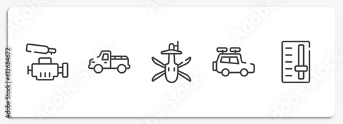 transport outline icons set. thin line icons sheet included car engine, pickup car, military helicopter bottom view, travel baggage, gearbox vector.