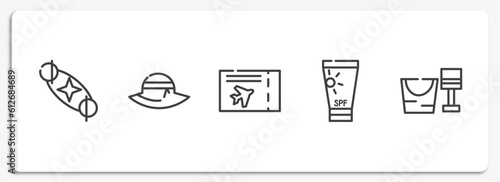 summer outline icons set. thin line icons sheet included solstice, pamela hat, plane ticket, sunscreen, sand bucket and shovel vector.