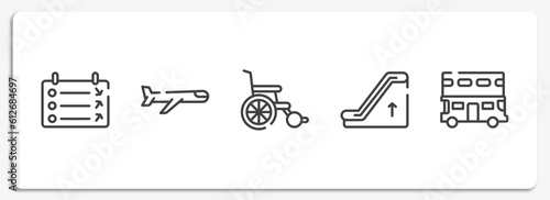 transportation outline icons set. thin line icons sheet included departure, airplane, wheel chair, or up, double decker vector.