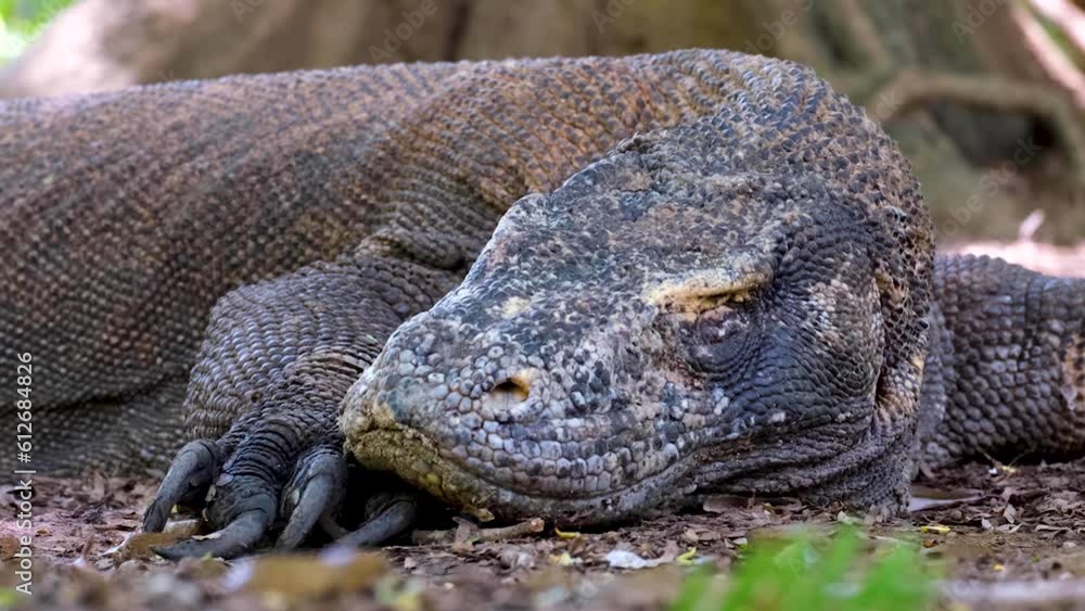 Close up of big komodo dragon opening and closing its eyes, sharp claws and armoured skin in natural habitat of Komodo Island Close up of big komodo dragon opening and closing its eyes, sharp claws and armoured skin in natural habitat of Komodo Island