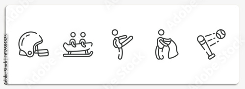 baseball outline icons set. thin line icons sheet included rugby helmet, bobsledding, master, bullfight, battered ball vector.