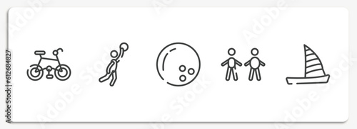 extreme sports outline icons set. thin line icons sheet included mountain bike, team player, bowling ball, body mass index, catamaran vector.