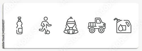 racing outline icons set. thin line icons sheet included isotonic, football players, horsewoman, off road, oil down vector.