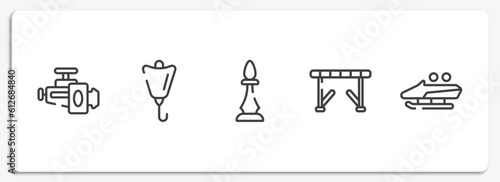 winter sports outline icons set. thin line icons sheet included horsepower, lift bag, chesspiece, hurdle, bobsled vector.