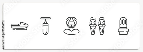 diving outline icons set. thin line icons sheet included speedboat, sand bag, rugby player, shin, led strobe vector.
