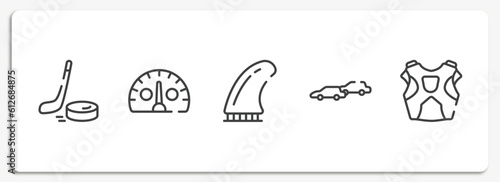 sport equipment outline icons set. thin line icons sheet included puck, kmh, fin, chase, protector vector.