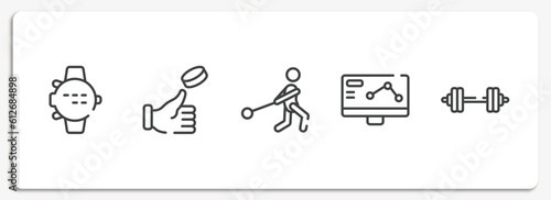 gym equipment outline icons set. thin line icons sheet included dive computer, coin toss, hammer throwing, telemetry, barbell vector.