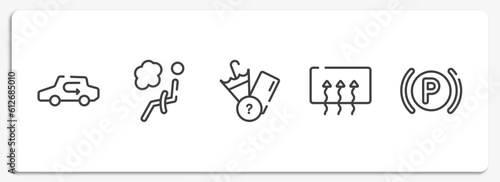 car dashboard signals outline icons set. thin line icons sheet included recirculation, airbag, lost items, rear window defrost, parking lights vector.