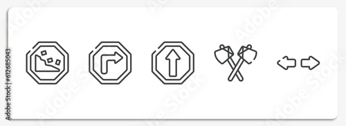 car dashboard signals outline icons set. thin line icons sheet included falling rocks, right bend, ahead only, native american axes, turn vector.