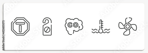 car dashboard signals outline icons set. thin line icons sheet included end of way, do not disturbe, carbon monoxide, engine coolant, ventilating fan vector.