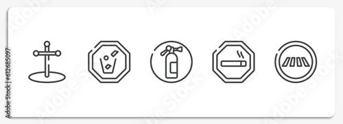 indications outline icons set. thin line icons sheet included cross stuck in ground, throw to the bin, fire estinguisher, smoke zone, road crossing vector.
