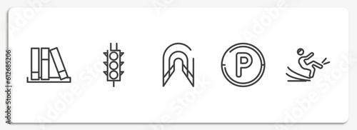 us road signs outline icons set. thin line icons sheet included three books, semaphore traffic lights, tunnel, parking hexagonal, slippery vector.