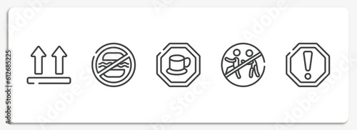 indications outline icons set. thin line icons sheet included lift, food not allowed, cafe bar, chasing prohibited, caution vector.