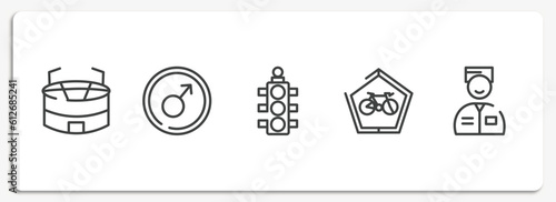 parking outline icons set. thin line icons sheet included big stadium, men, semaphore light, ecological bicycle transport, valet vector.