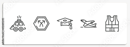 taxi service outline icons set. thin line icons sheet included hackney carriage, bifurcation, graduate cap, take off, high visibility vest vector.