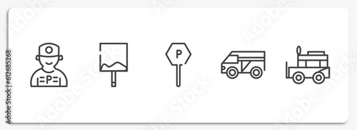 taxi service outline icons set. thin line icons sheet included parking worker, uneven, parking, minivan taxi, ney vector.