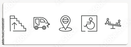poi public places outline icons set. thin line icons sheet included ascending stairs, autorickshaw, placeholder point, handicapped, children on teeter totter vector.