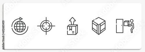 logistic outline icons set. thin line icons sheet included distribution, centre of gravity, delivery box, wooden crate, doorstep vector.