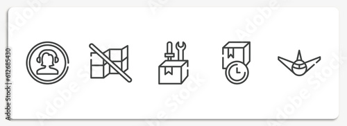 logistics delivery outline icons set. thin line icons sheet included phone assistance, do not stack, construction and tools, receiving time, air transport vector.