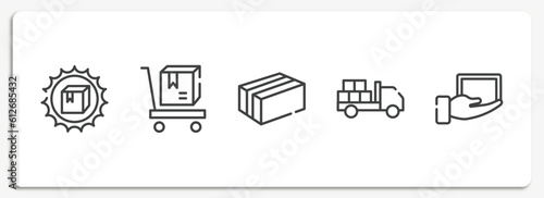 shipping and handly outline icons set. thin line icons sheet included certified packaging, delivery cart, cardboard box with packing tape, loaded truck, lightweight vector.