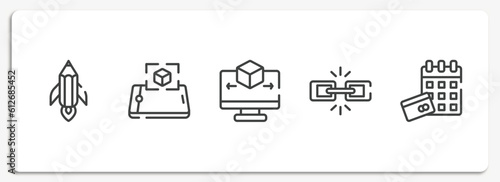general outline icons set. thin line icons sheet included creative pencil rocket, ar presentation, 3d modeling, chain, annual fee vector.