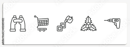 general outline icons set. thin line icons sheet included binocular, shopping trolley, live paint, mistletoe leaves, perforator vector.