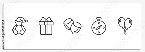 general outline icons set. thin line icons sheet included teddy bear with sleep hat, gift box with ribbon, nuts, compass pointing south east, floating balloons vector.