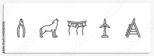 general outline icons set. thin line icons sheet included nippers, wolf howling, party decoration, renewable energy label, stepladder vector.