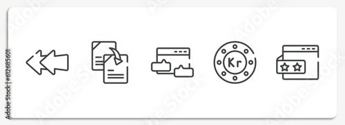 marketing and seo outline icons set. thin line icons sheet included two left arrows, duplicate content, blog commenting, null, rating stars vector.
