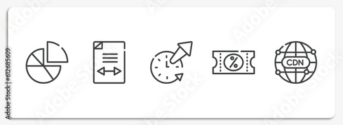 seo and marketing outline icons set. thin line icons sheet included diagrams, gap, time out, discount voucher, cdn vector.