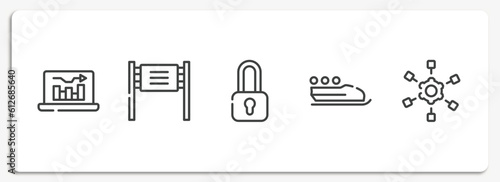 project management outline icons set. thin line icons sheet included online graph, road banner, locked padlock, bobsleigh, project scheme vector.