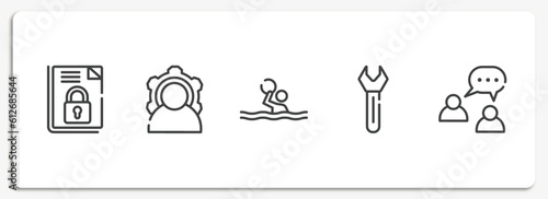 advertisement outline icons set. thin line icons sheet included encrpyted file, power, waterpolo, key tool, buzz vector.