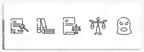law and justice outline icons set. thin line icons sheet included legal paper, practise areas, corporative law, justice scale, balaclava vector.