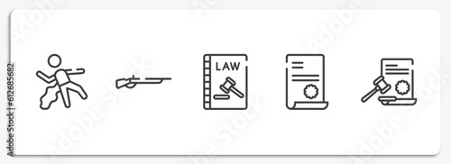 law and justice outline icons set. thin line icons sheet included corpse, shotgun, constitutional law, contract law, paper vector.