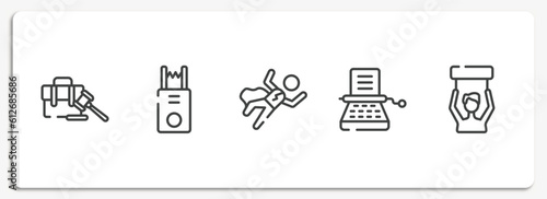law and justice outline icons set. thin line icons sheet included employment, electroshock weapon, crime scene, stenographer, civil rights vector.