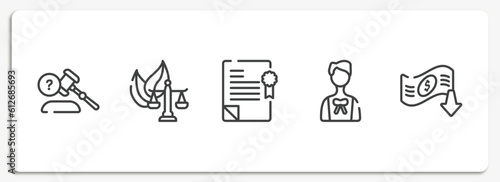 law and justice outline icons set. thin line icons sheet included ask a lawyer, environmental law, policy, advocate, bankruptcy vector.