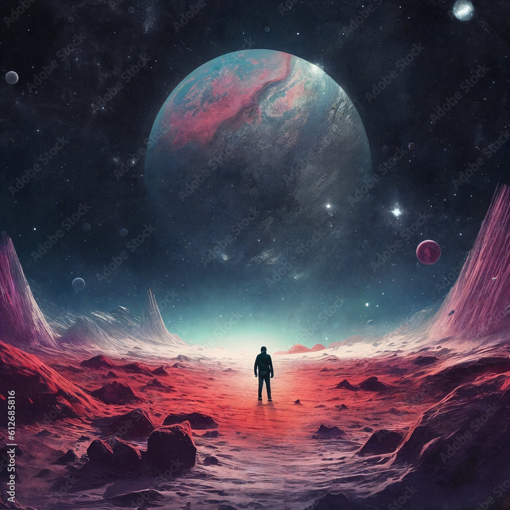 Obraz premium Man exploring fantasy planet, night sky on background. AI Generative