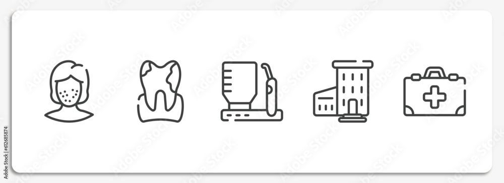 medicine outline icons set. thin line icons sheet included pimples, plaque, dental irrigator, hospital with three floors, medicine kit with first aid vector. medicine outline icons set. thin line icons sheet included pimples, plaque, dental irrigator, hospital with three floors, medicine kit with first aid vector.