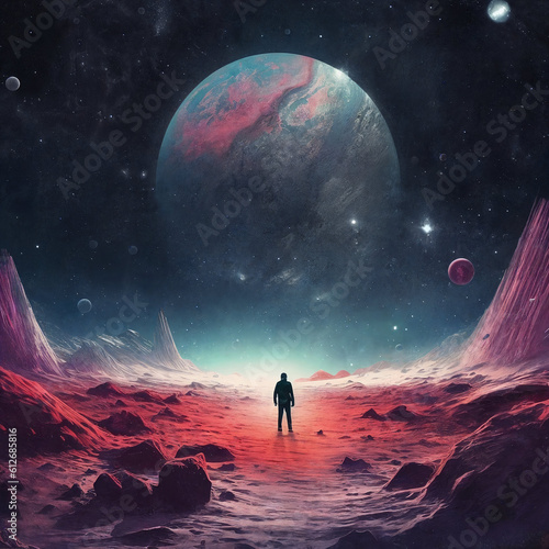 Man exploring fantasy planet, night sky on background. AI Generative
