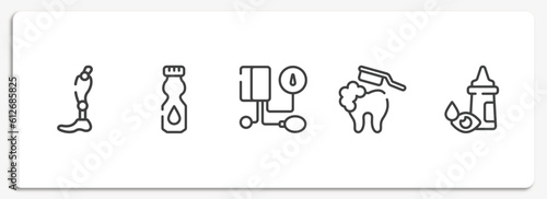 opthalmology outline icons set. thin line icons sheet included prothesis, talcum powder, tonometer, brushing teeth, eye drop vector.