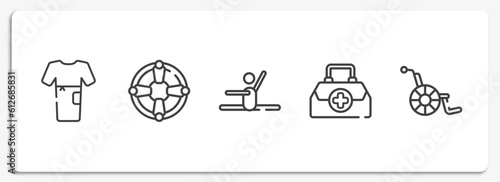 medicine outline icons set. thin line icons sheet included patient robe, life saver, stretch, doctor briefcase, handicap vector.