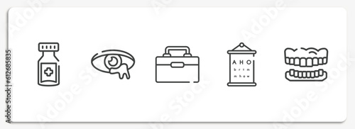dentist outline icons set. thin line icons sheet included medicine jar, infection, organ container, sight check table, dentures vector.