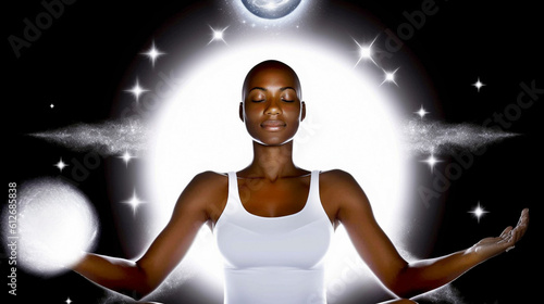 Beautiful african american woman against night sky with full moon. Generative AI