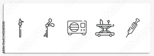 medical instruments outline icons set. thin line icons sheet included pike pole, medical clamp, sterilization, baby walker, syringe needle vector.