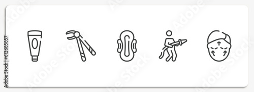 plastic surgery outline icons set. thin line icons sheet included facial foam, forcep, sanitary napkin, fireman, aesthetic vector.