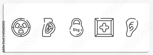 body parts outline icons set. thin line icons sheet included radioactive danger, fetus, kettlebell, cross inside a square, ear lobe side view vector.