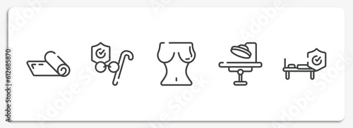 insurance outline icons set. thin line icons sheet included yoga mat, retirement, breasts, operating room, hospitalization vector.